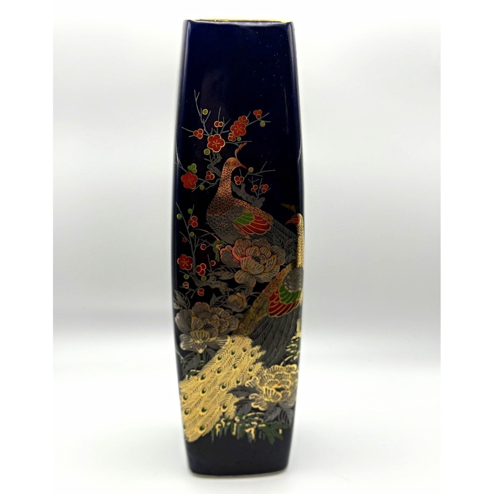 Japanese Black & Gold Ceramic Square Mouth Decorative Vase w/Bird Floral Design